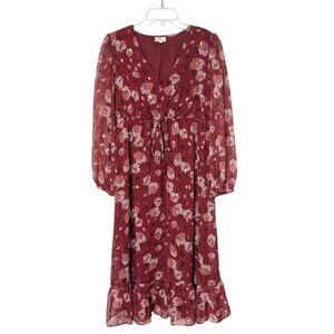 Dizzy Lizzy Floral Burgundy Sheer Long Puff Sleeve Vneck Chiffon Tie Waist Dress